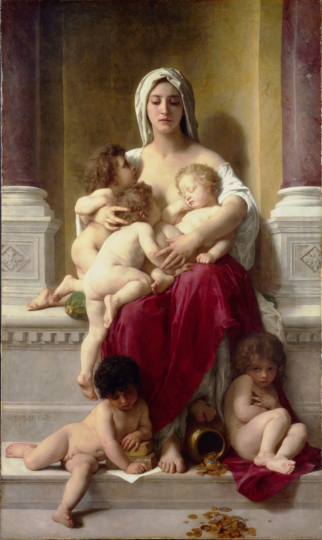 William-Adolphe Bouguereau, Charity (1878). A mother figure tenderly shelters children in her arms, the embodiment of freely given love and the third factor of conscious awakening lived in its most natural form