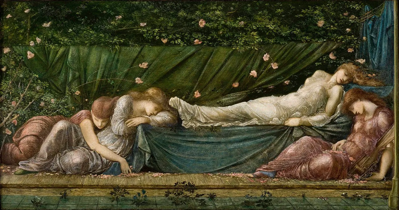 Edward Burne-Jones, The Sleeping Beauty (c. 1871-73), Museo de Arte de Ponce. A serene figure lies in peaceful dream sleep on a rose-draped couch, attended by sleeping maidens in soft rose and ivory tones. A Pre-Raphaelite vision of the soul at rest in the inner worlds.
