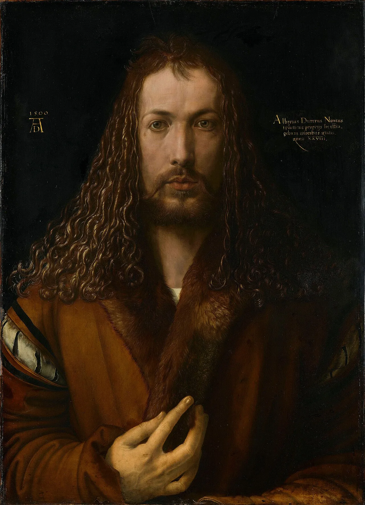 Albrecht Dürer, Self-Portrait (1500), Alte Pinakothek, Munich. The artist gazes directly outward with an inner stillness that evokes the Delphic inscription: know thyself