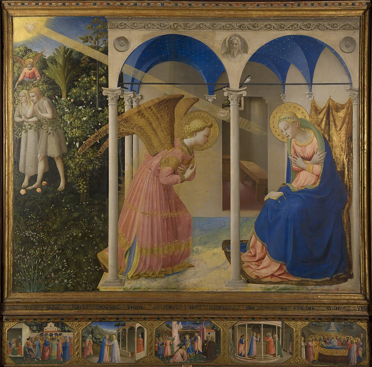 Fra Angelico, The Annunciation (c. 1425-26), Prado, Madrid. The angel and the Virgin face one another in a golden interior space, an image of the three factors meeting in one transforming moment