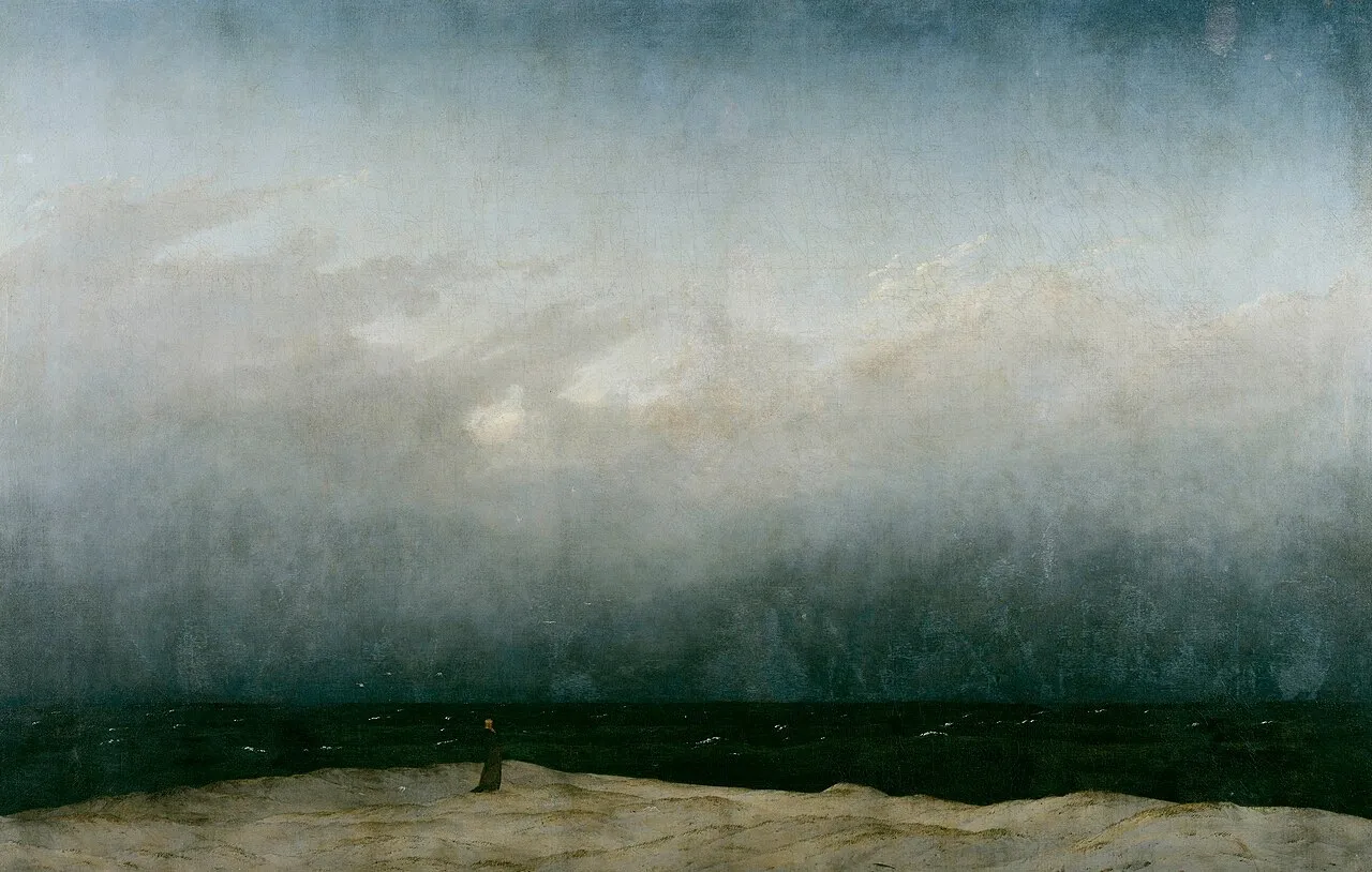 Caspar David Friedrich, The Monk by the Sea (1808-10), Nationalgalerie, Berlin. A solitary figure stands before the boundless ocean and sky, the quintessential image of the meditating consciousness before the infinite