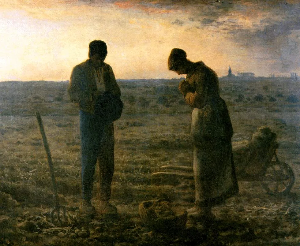 Jean-François Millet, The Angelus (1857-59), Musée d'Orsay. Two figures pause in their daily labour to pray at the sound of the evening bell, the image of the sacred woven into the texture of ordinary working life