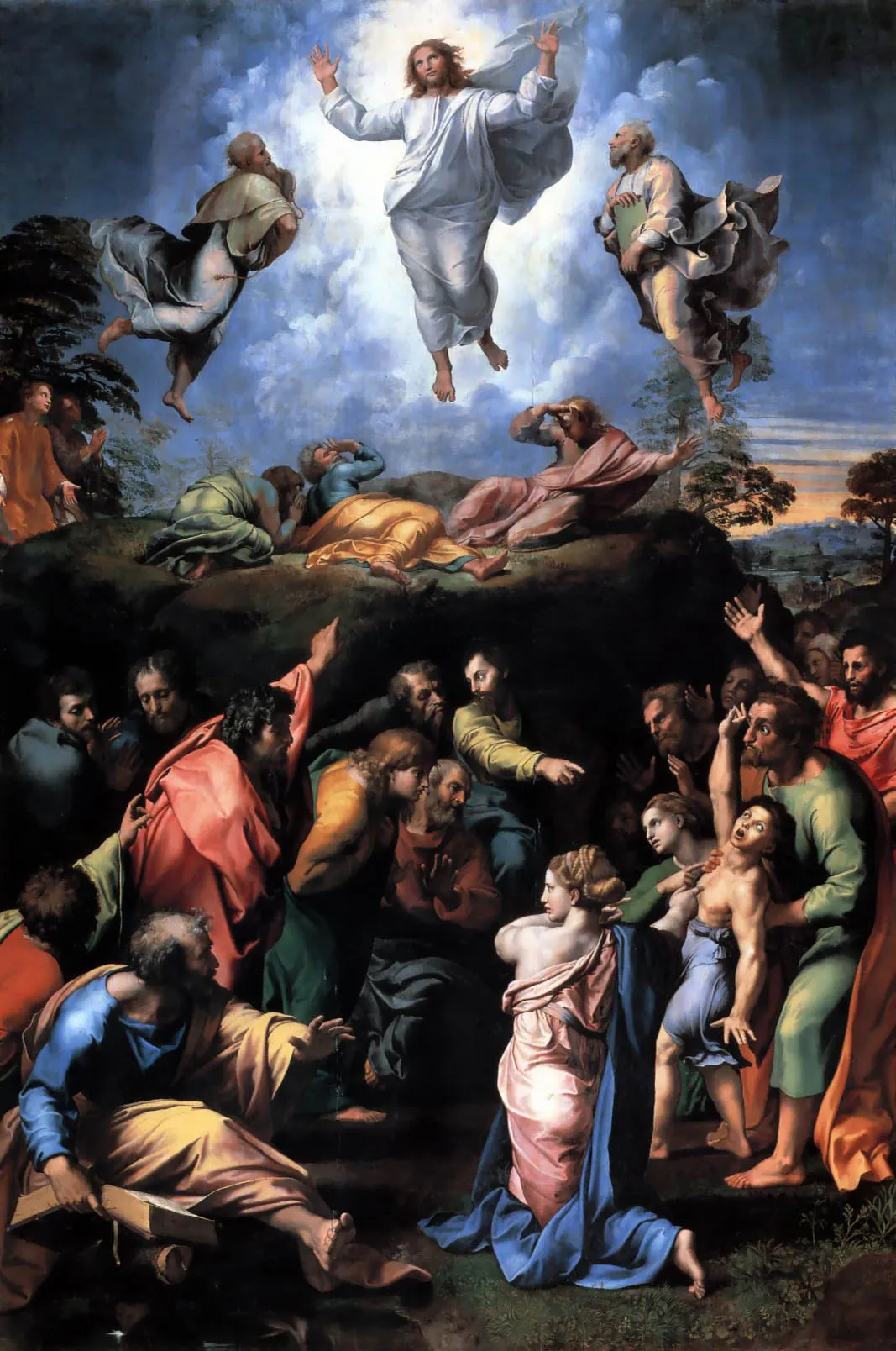 Raphael, The Transfiguration (1516-20), Vatican Museums. Christ luminous above the mountain while below, suffering humanity awaits the healing that only transformed consciousness can bring