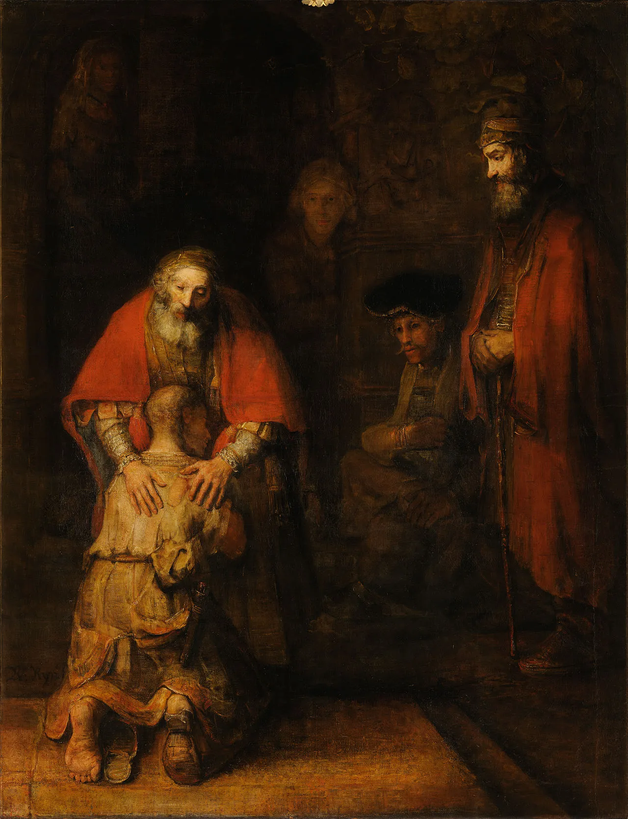 Rembrandt van Rijn, Return of the Prodigal Son (c. 1668), Hermitage. The kneeling figure received in the embrace of the Father, the profound image of the ego dissolved and the soul returned to its source