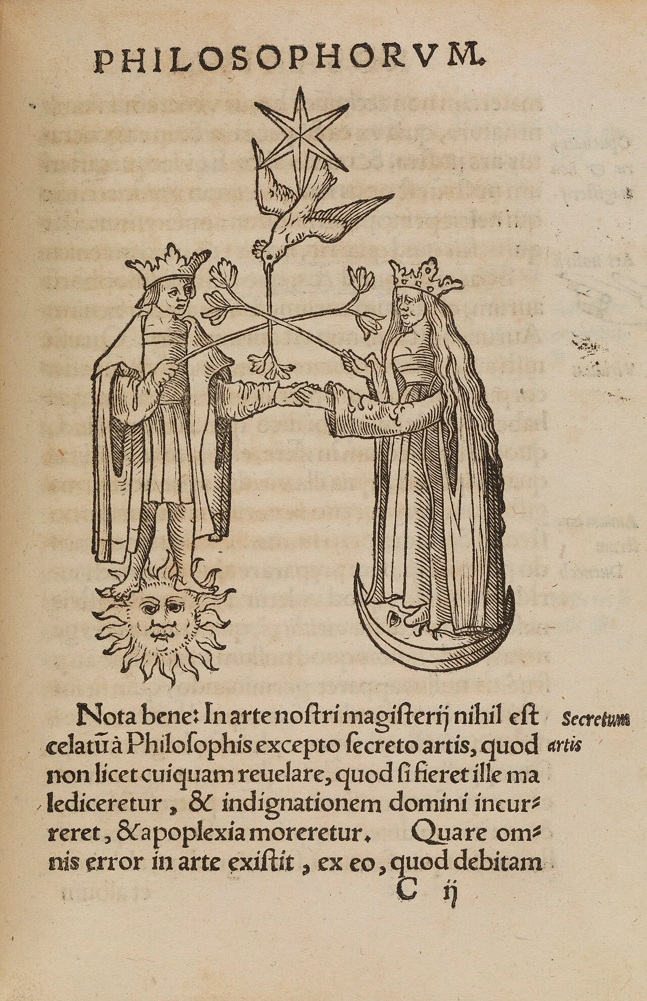 Rosarium Philosophorum (c. 1550). The King (Sol) and Queen (Luna) standing in robes facing one another, a dove descending between them, the classic alchemical image of the Sacred Marriage and the union of masculine and feminine principles.