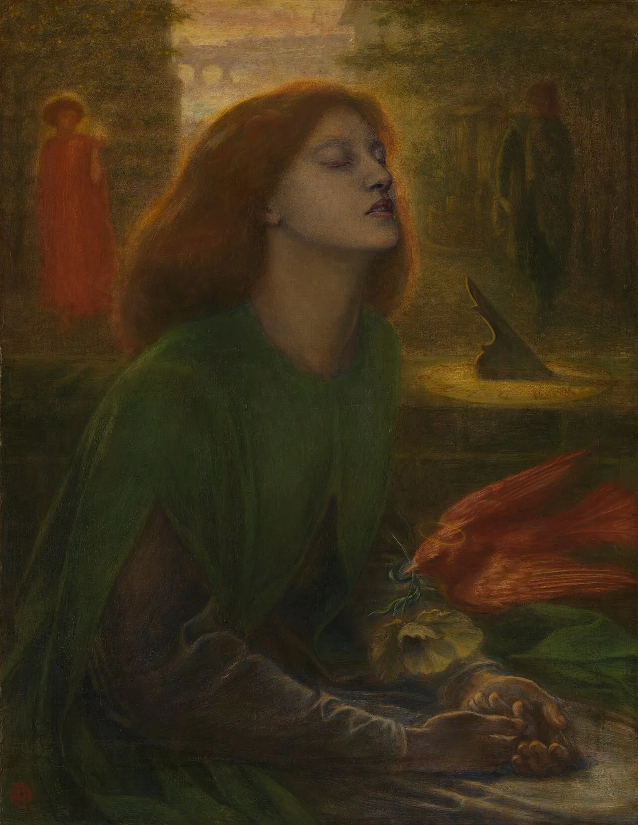 Dante Gabriel Rossetti, Beata Beatrix (1864-70), Tate Britain. A figure suspended between two worlds, eyes closed, bathed in golden light, the vision of a soul at the threshold between lives